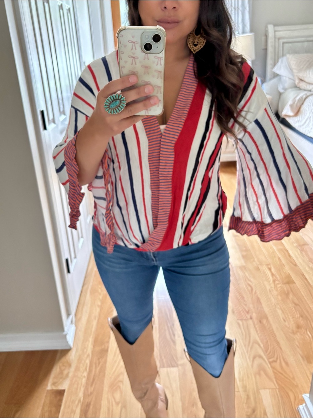 Umgee Red, White & Navy Striped V-Neck Peasant Top